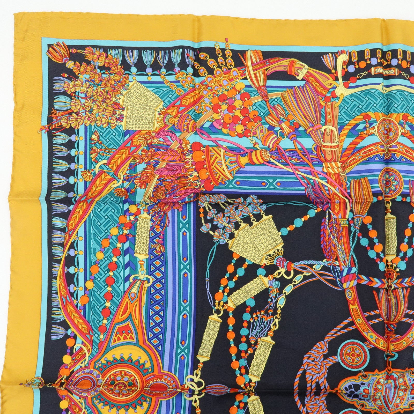 GUCCI Silk 100% Scarf Tassel Motif Black Yellow Multicolor