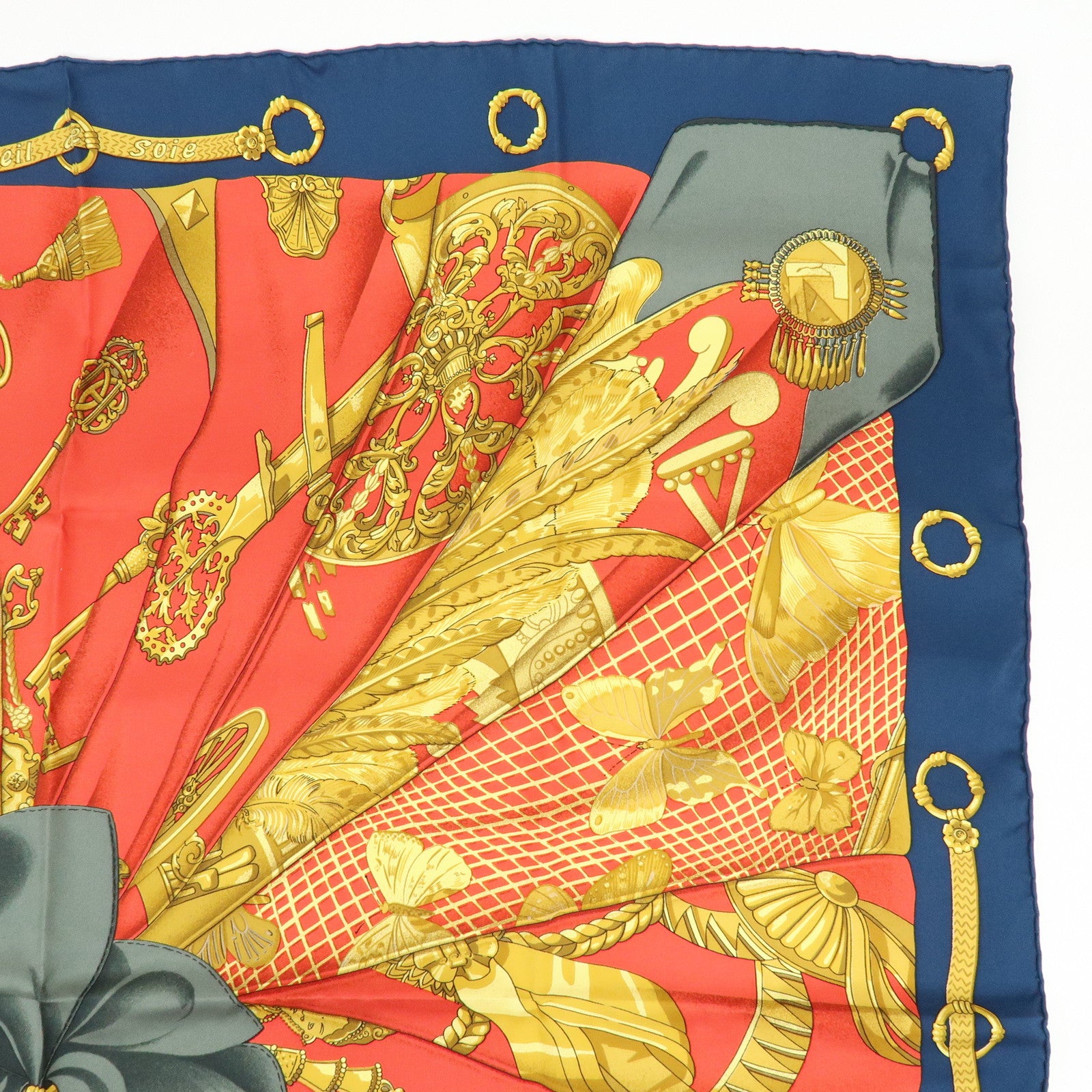 HERMES Carre 90 Silk 100% Scarf Soleil de Soie  Red Navy Gold