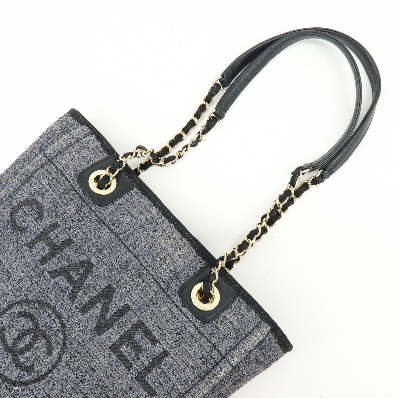 CHANEL Deauville PM Raffia Calf Leather Chain Tote Bag Black A66939