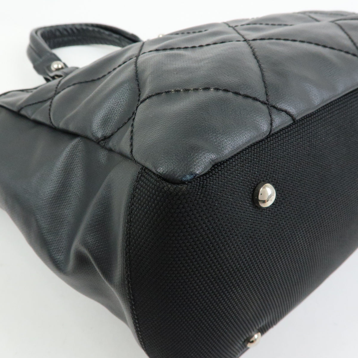 CHANEL Paris Biarritz MM Leather Canvas Tote Bag Hand Bag Black A34209