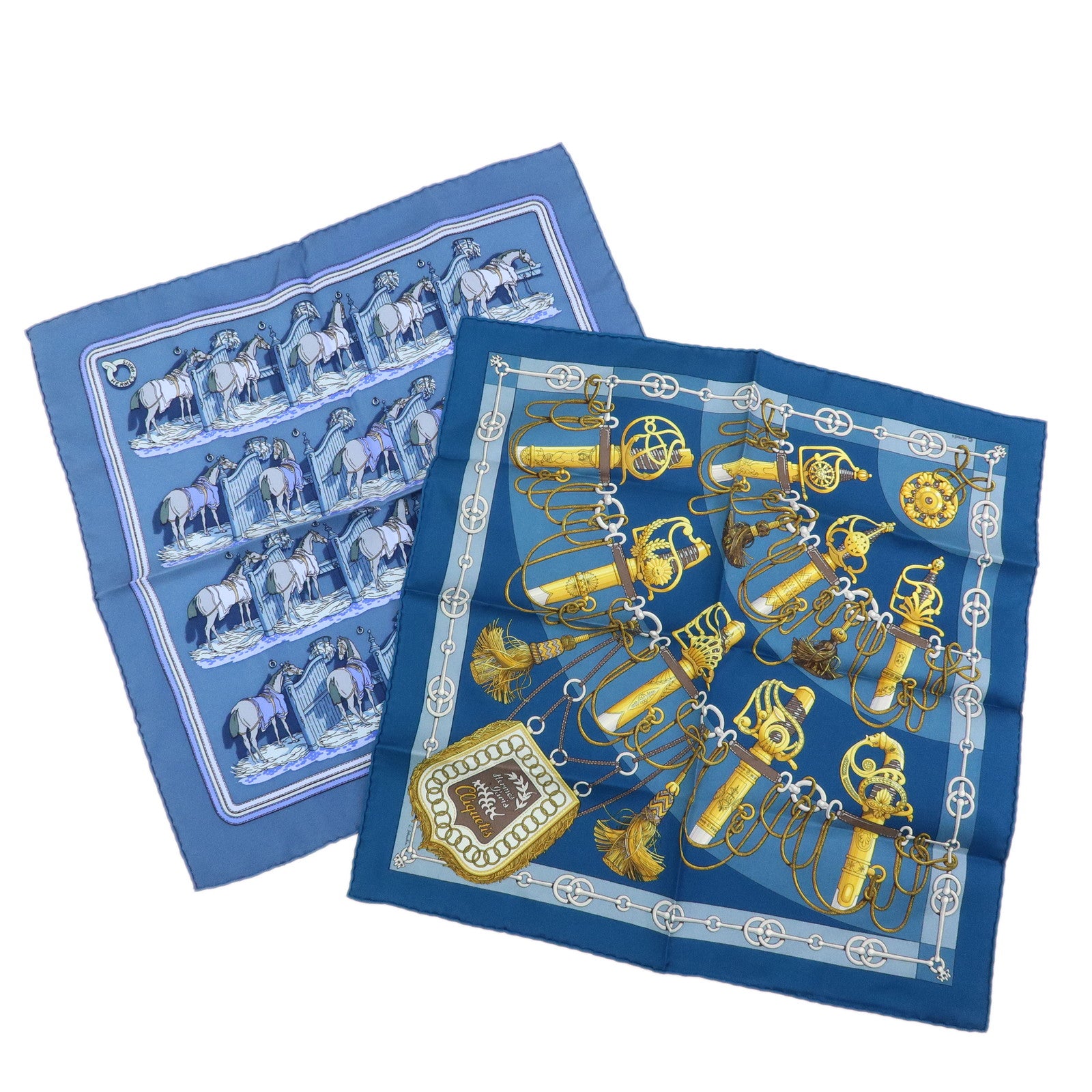 HERMES Carre 42 Lot of 2 Silk 100% Scarf  CRURIES/Cliqueti Blue