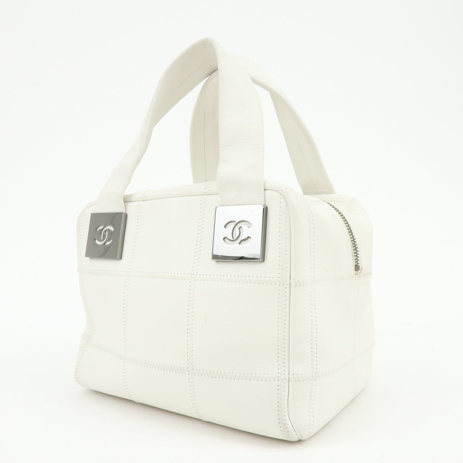 CHANEL Chocolate Bar COCO Mark Caviarskin Hand Bag Tote Bag White