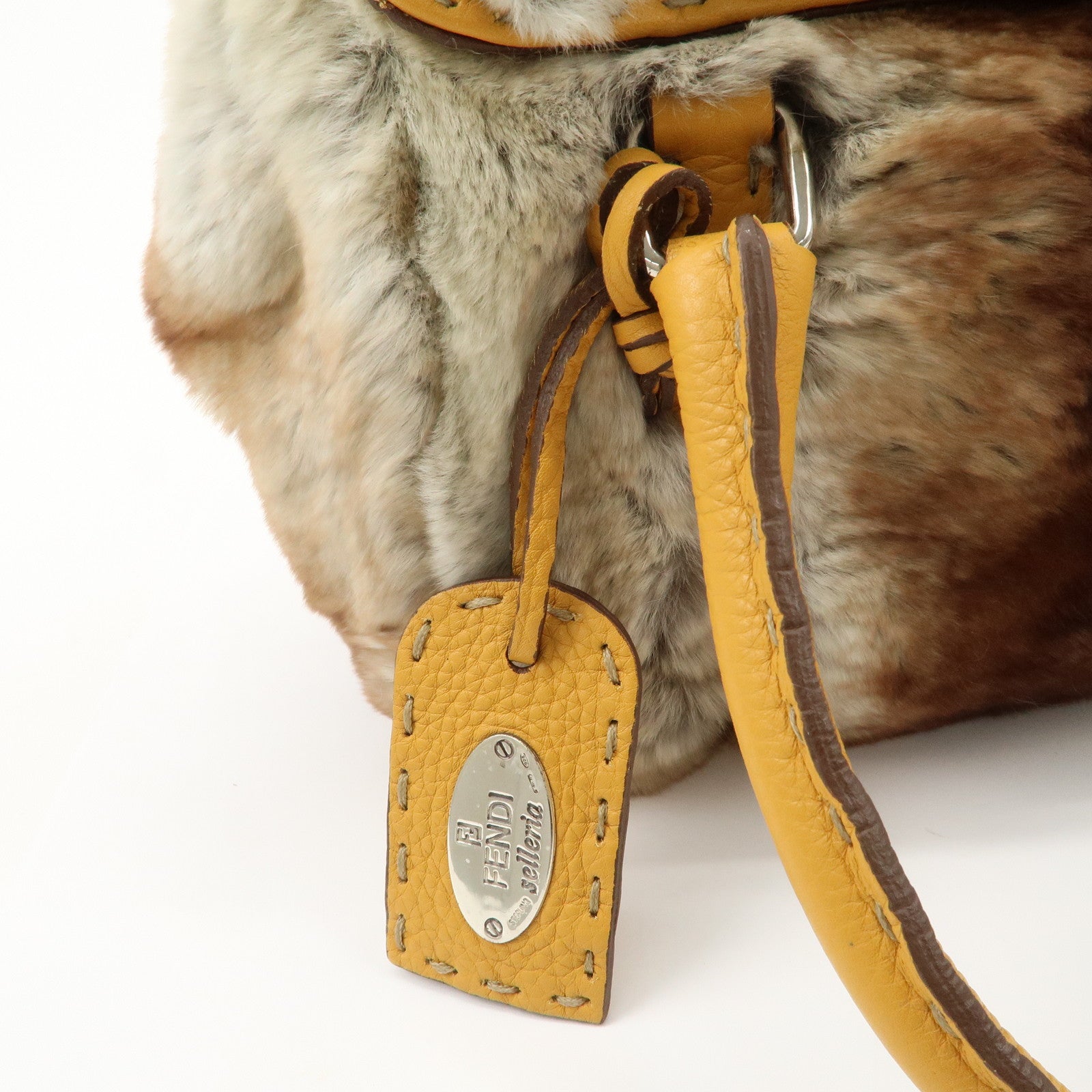 FENDI Seleria Leather Fur Mini Linda Hand Bag Brown White 8BR486 Used