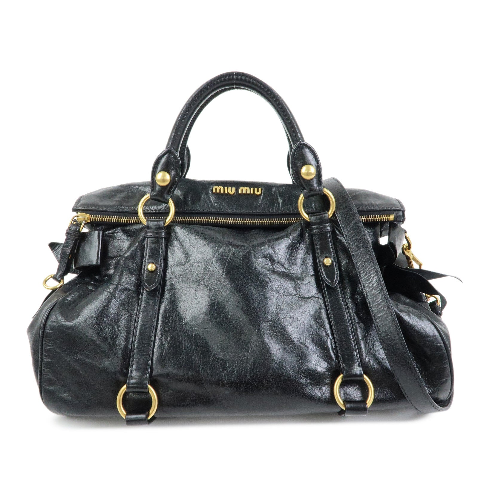 MIU MIU Leather Side Ribbon Large 2Way Hand Shoulder Bag Black  RT0365