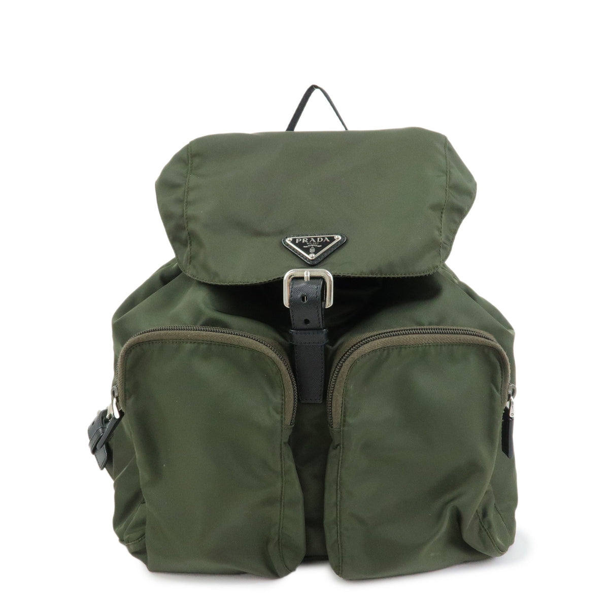 PRADA Triangle Logo Nylon Saffiano Leather Backpack Khaki 1BZ005