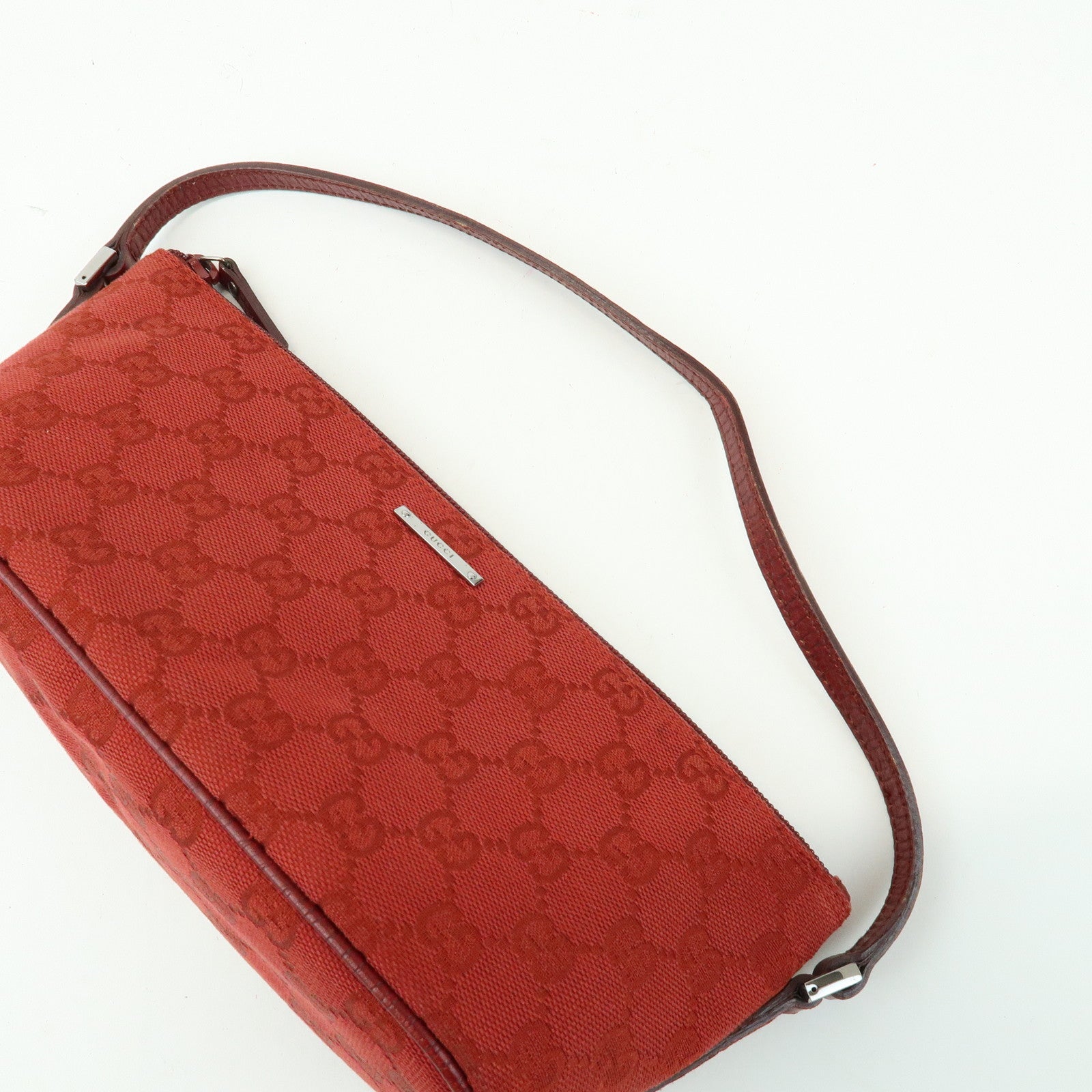 GUCCI Boat Bag GG Canvas Leather Accessory Pouch Hand Bag Red 07198