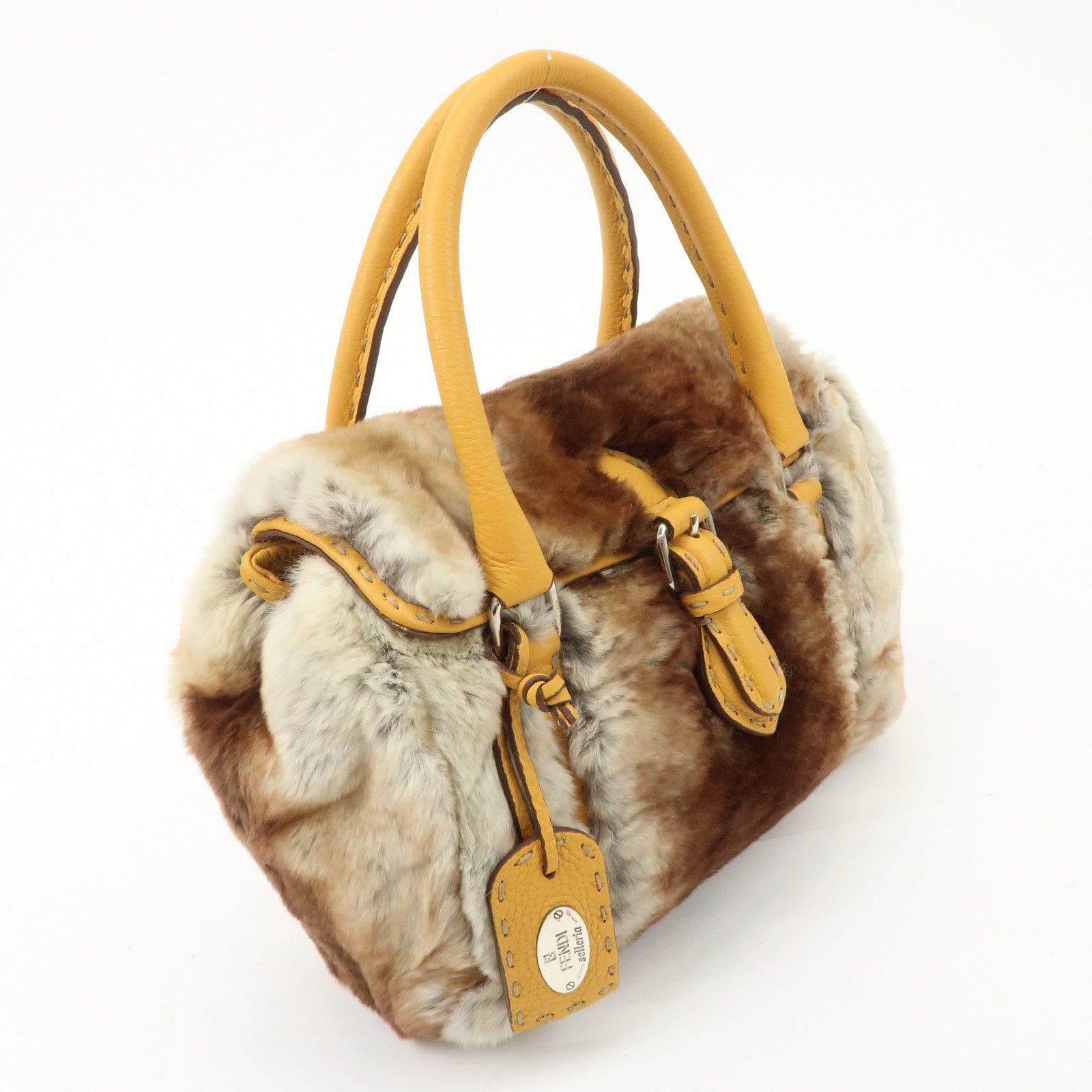 FENDI Seleria Leather Fur Mini Linda Hand Bag Brown White 8BR486 Used