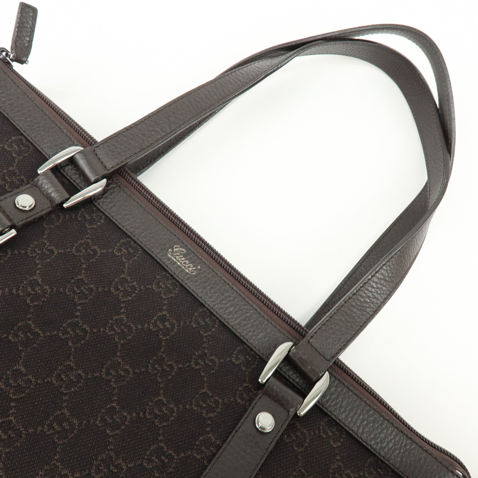 GUCCI Abbey GG Denim Leather Tote Bag Hand Bag Dark Brown 268640