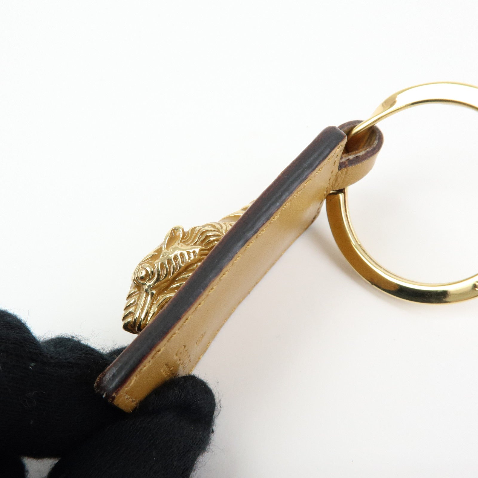 GUCCI Tiger Head Leather Metal Bag Charm Key Holder Brown Gold