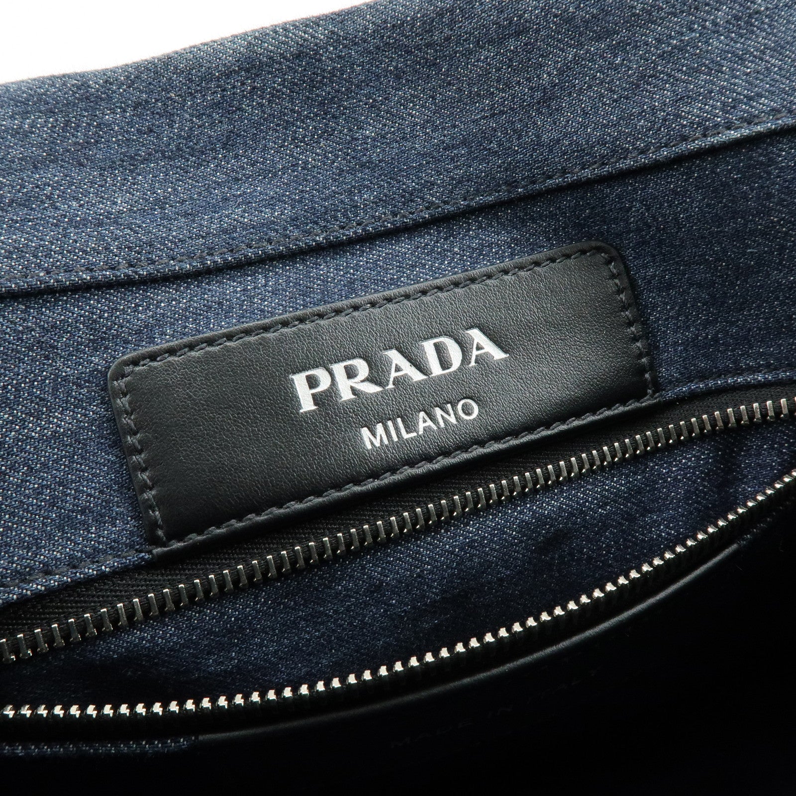 PRADA Logo Denim Leather Tote Bag Shoulder Hand Bag Navy Black 1BG356