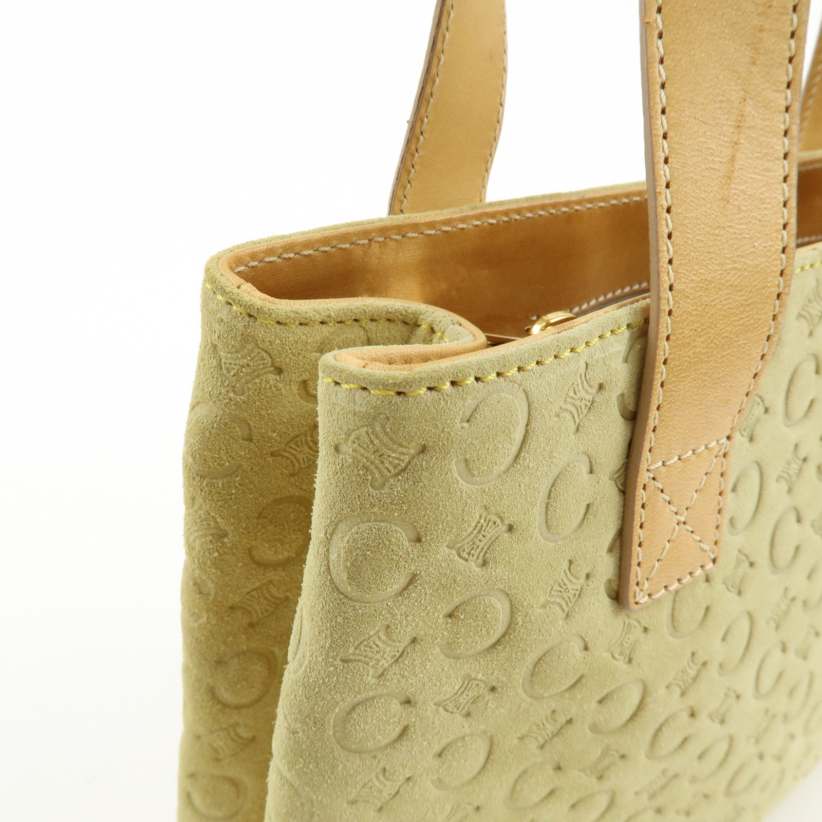 CELINE C Macadam Suede Leather Hand Bag Tote Bag Light Green