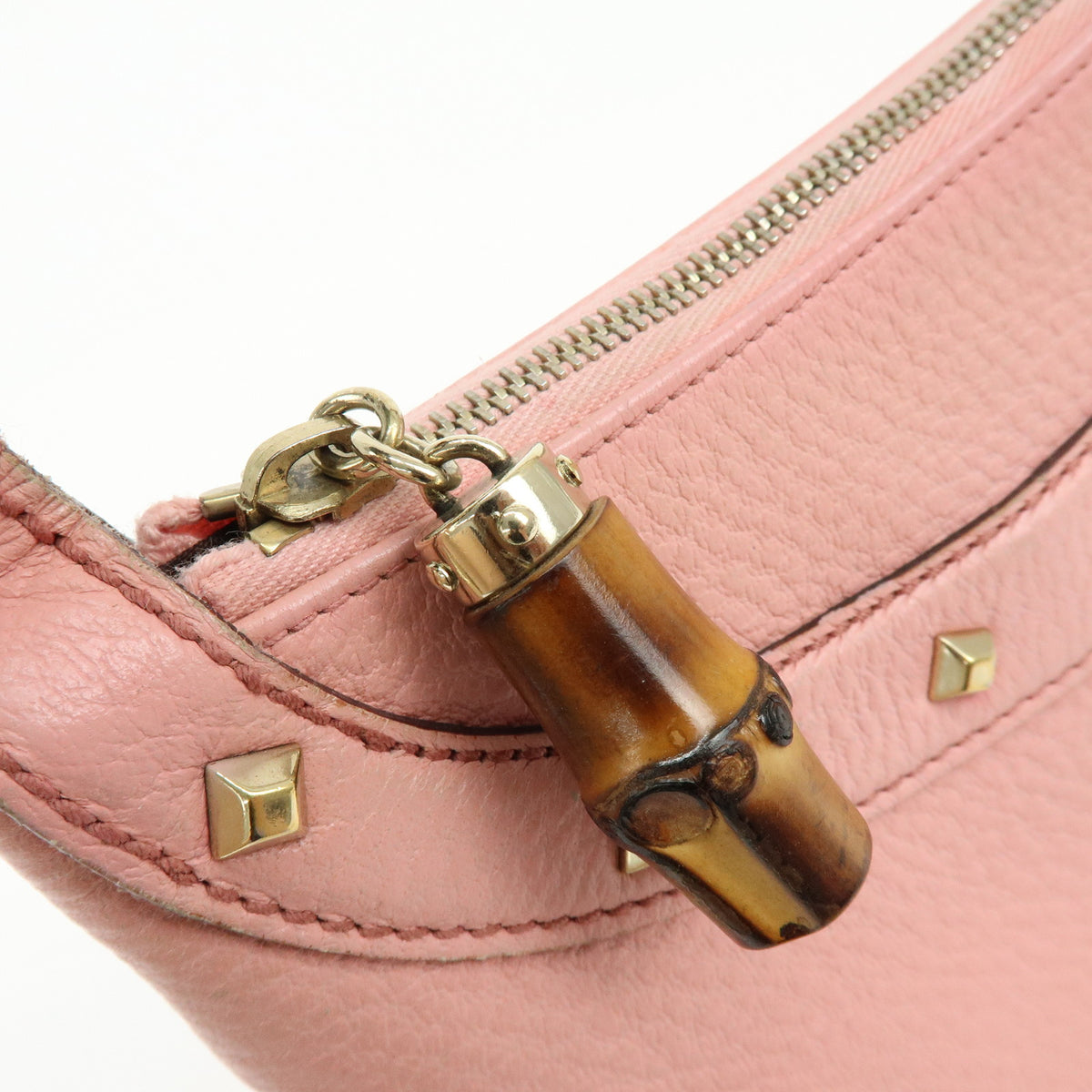 GUCCI Bamboo Leather Hand Bag Shoulder Bag Studs Pink 137378