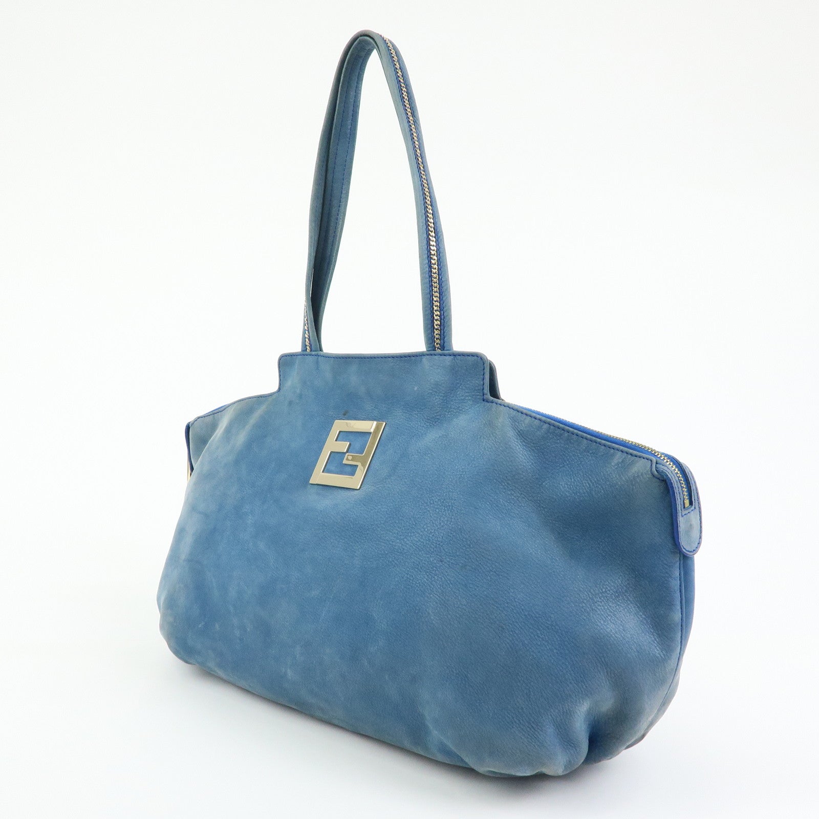 FENDI Lampo Leather Tote Bag Shoulder Bag Blue 8BR636