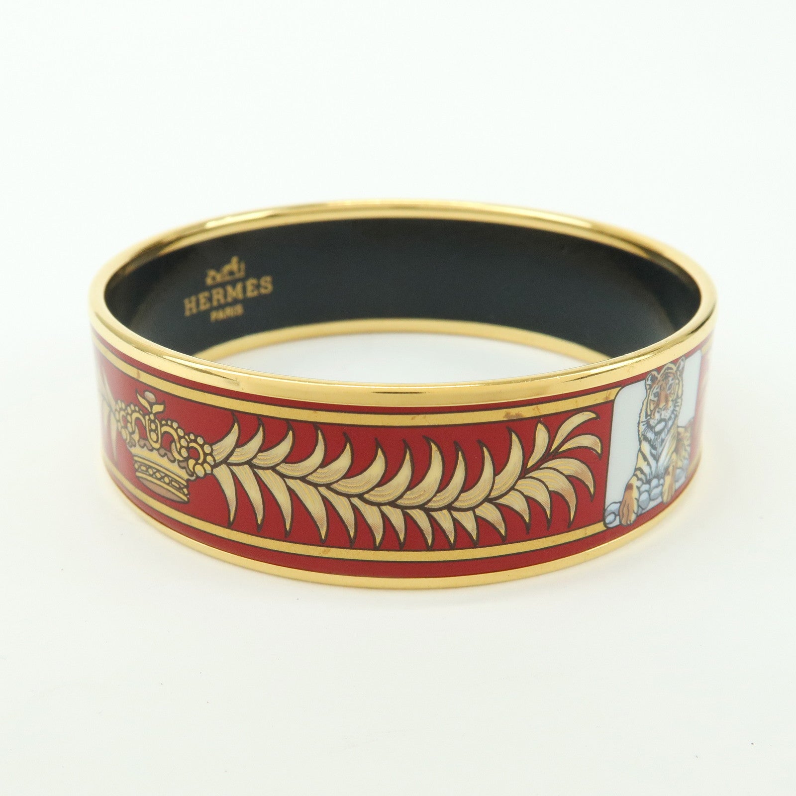 HERMES Email MM Gold Plated Bangle Bracelet Tiger Motif Red Gold