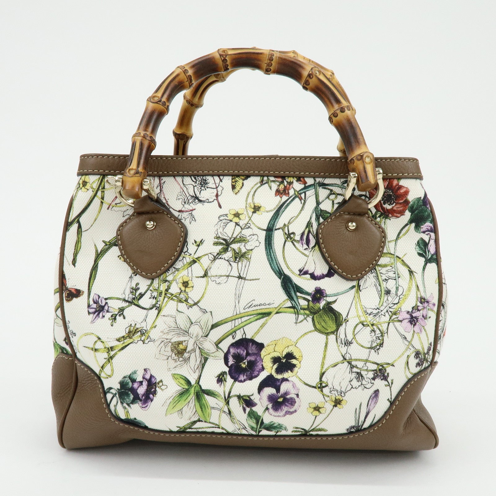 GUCCI Bamboo Canvas Leather 2Way Hand Bag Flower Print Brown 308360