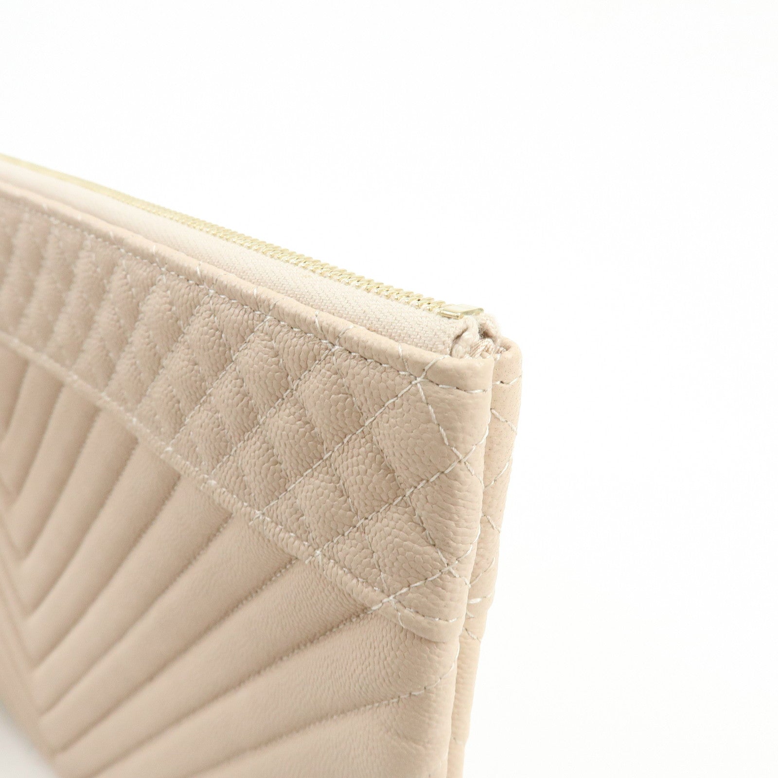 CHANEL COCO Mark Shevron V Stitch Caviarskin Clutch Bag Beige A69251