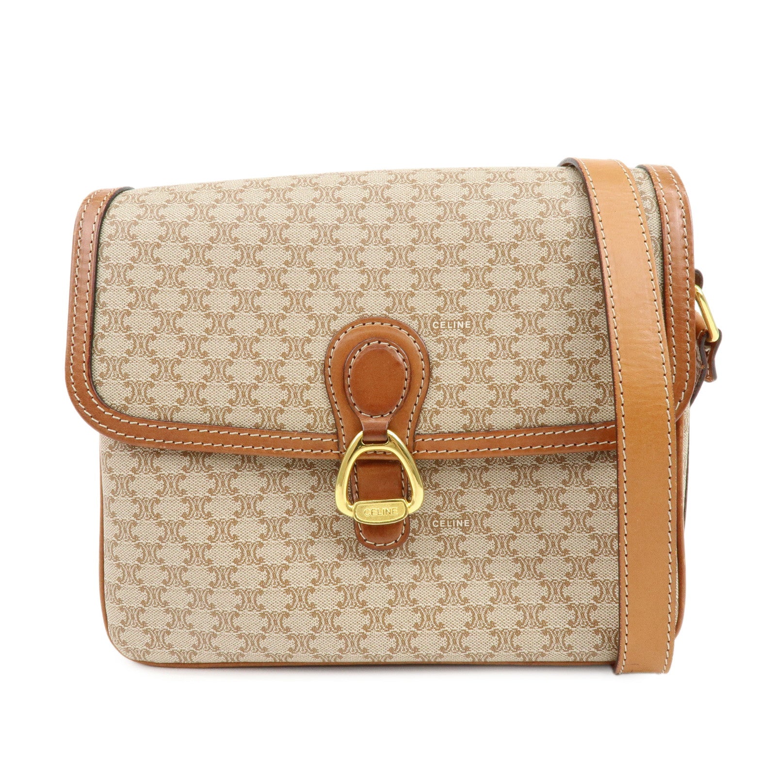 CELINE Macadam PVC Leather Shoulder Bag Crossbody Bag Brown Beige