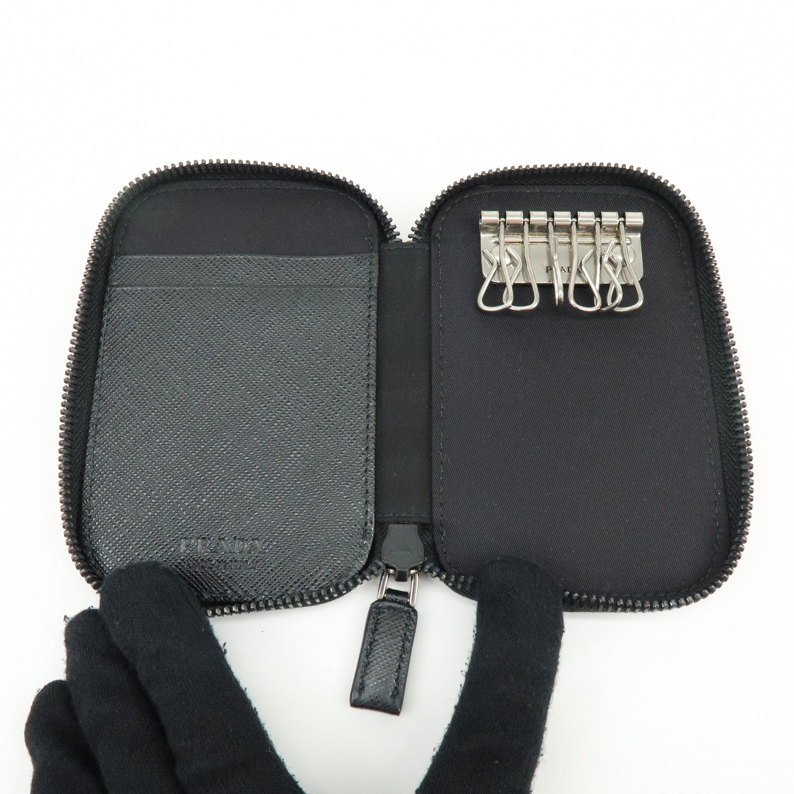 PRADA Triangle Logo Nylon Saffiano Leather Zippy Key Case Black 2PG003