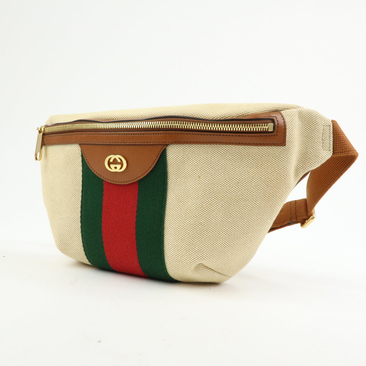 GUCCI Sherry Interlocking G Canvas Leather Waist Body Bag Beige 575082