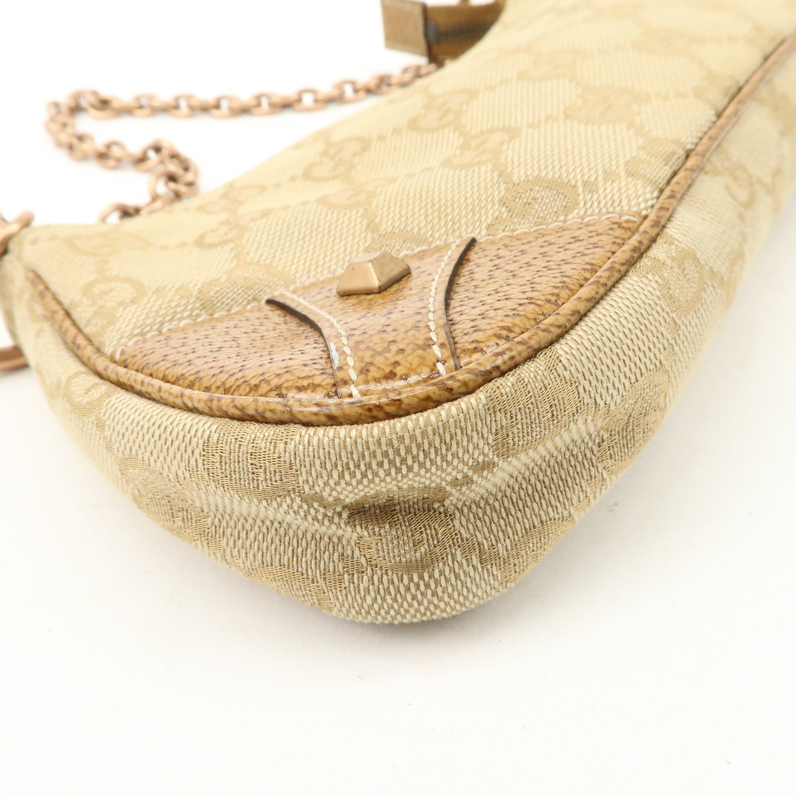 GUCCI GG Canvas Leather Chain Hand Bag Pouch Beige Brown 120940 Used