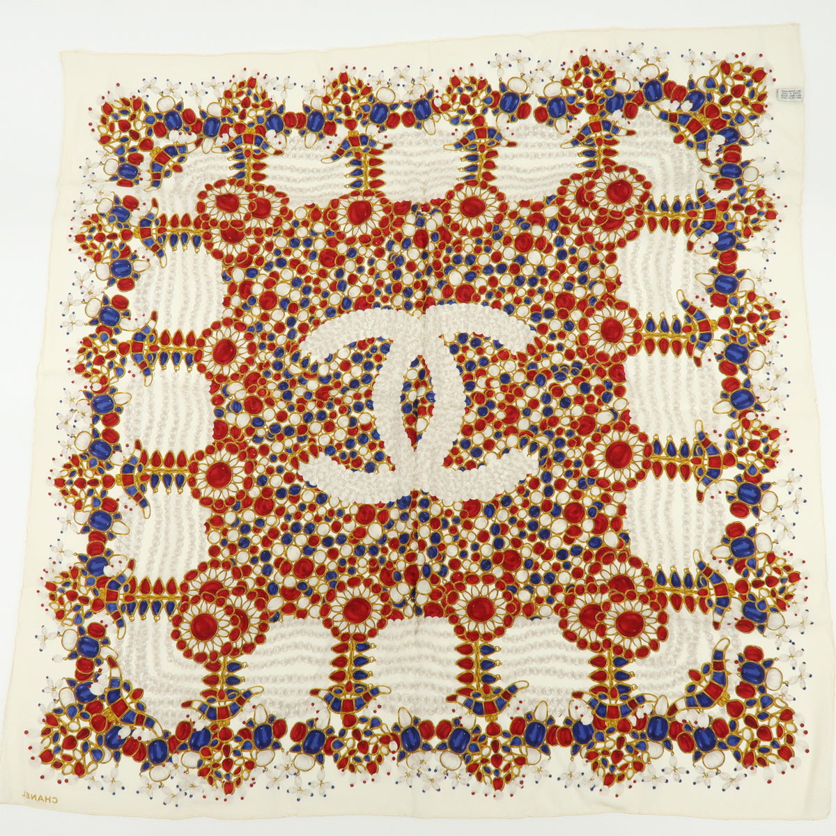 CHANEL COCO Mark Silk 100% Scarf Pearl Jewerly Motif White Red Blue