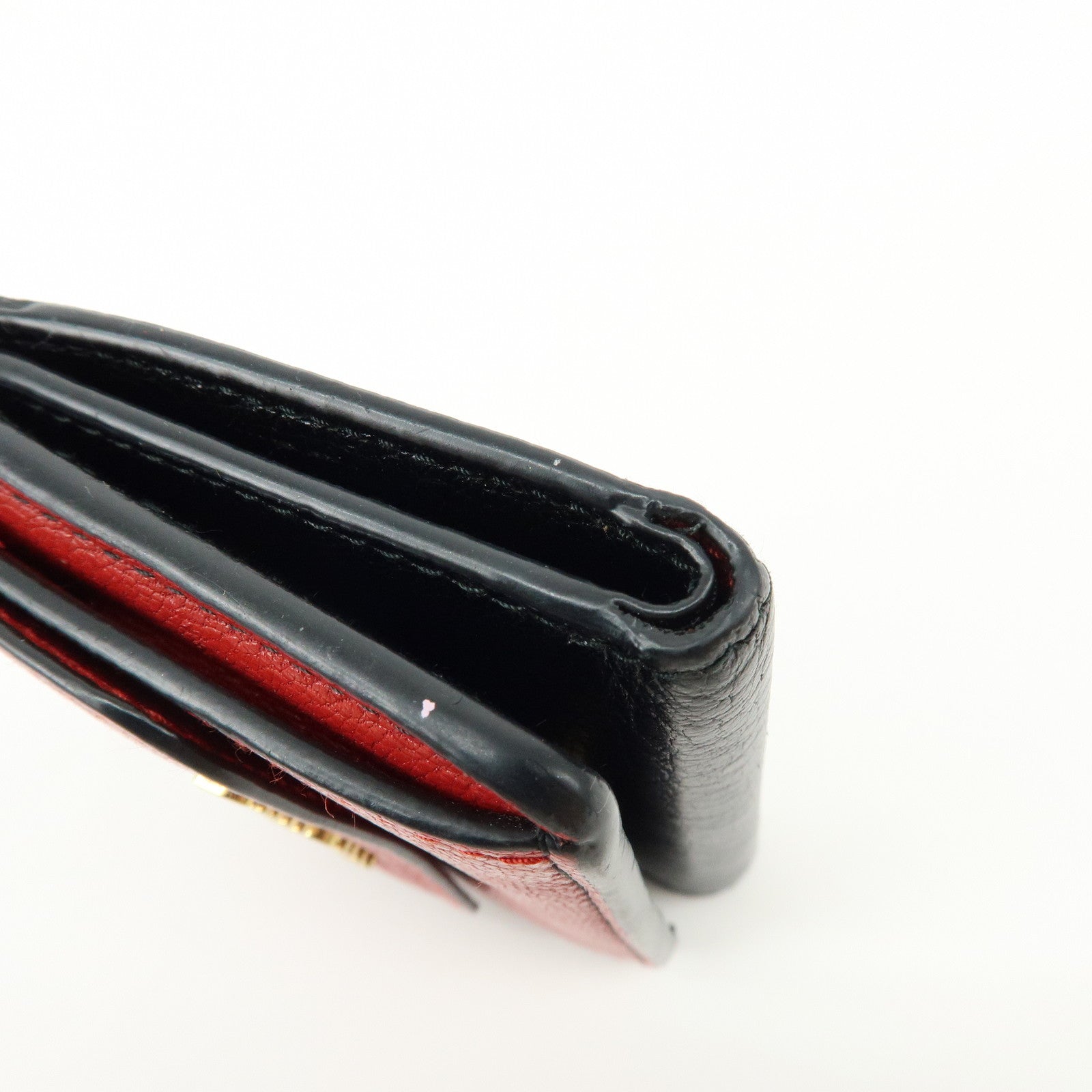 MIU MIU Logo Madras Leather Tri-fold Compact Wallet Red Black 5MH020