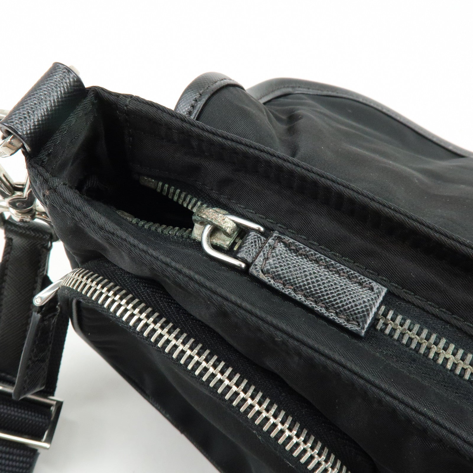 PRADA Triangle Logo Nylon Saffiano Leather Shoulder Bag Black BT0464
