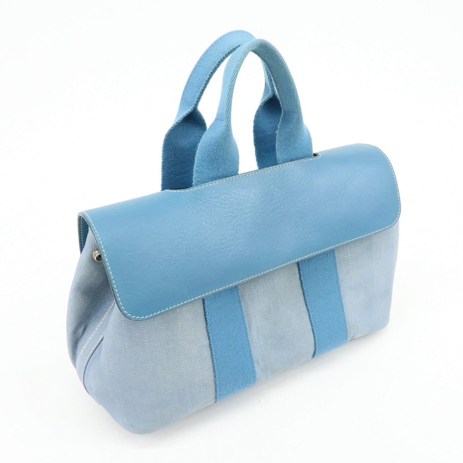 HERMES Valparaiso PM Canvas Leather Tote Hand Bag □K Stamped Blue Jean