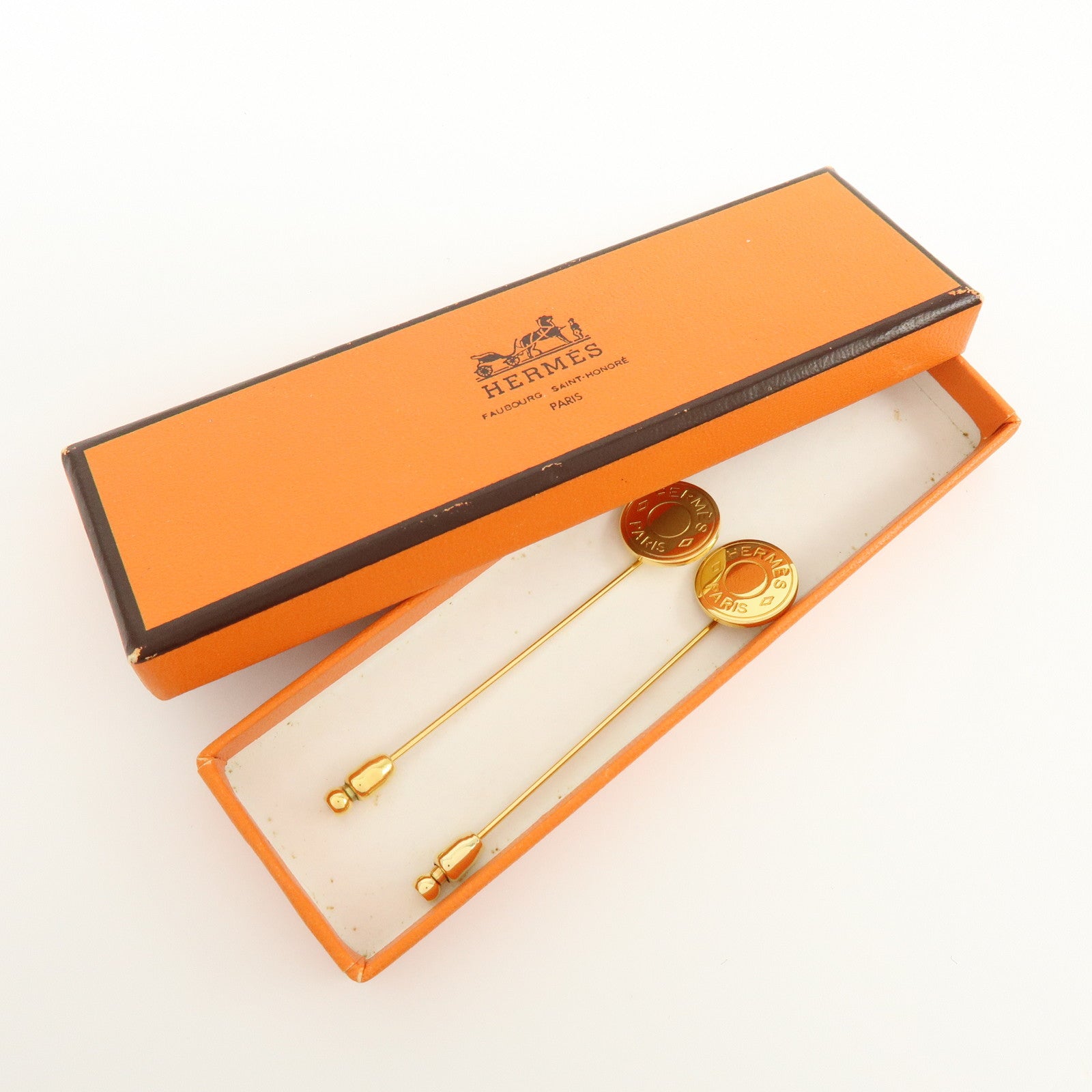 HERMES Set of 2 Sellier Metal Pin Brooch Gold