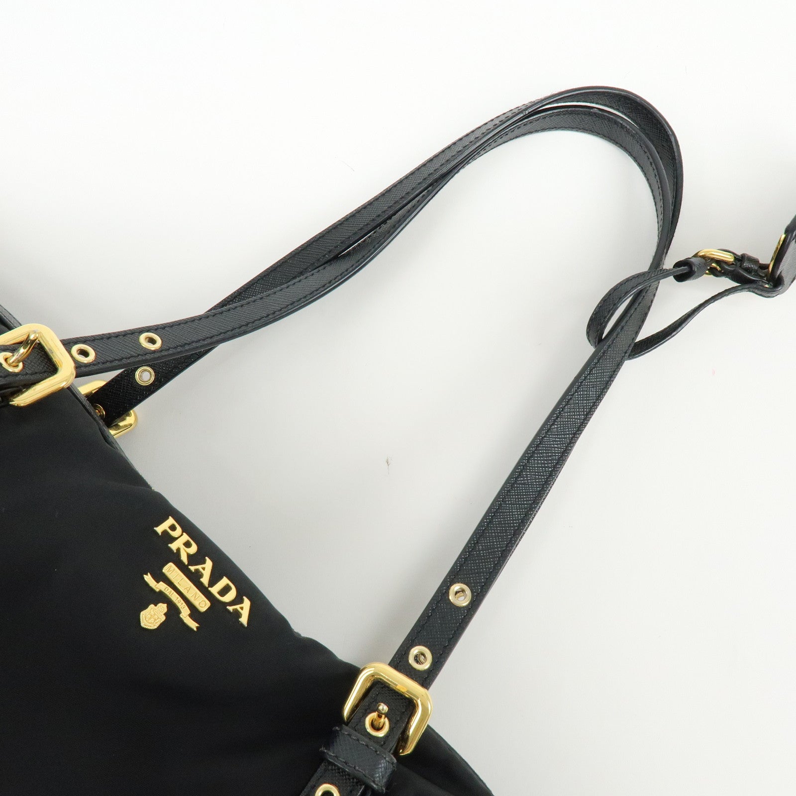 PRADA Logo Nylon Saffiano Leather Shoulder Bag Black 1BG253