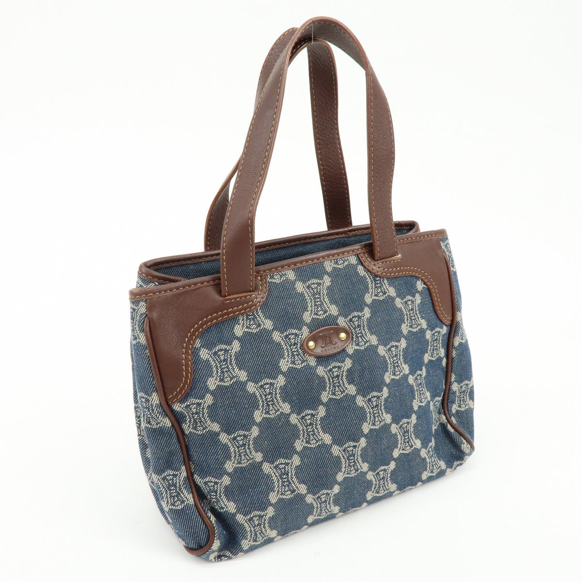 CELINE Paris Macadam Denim Leather Mini Tote Hand Bag Navy Brown