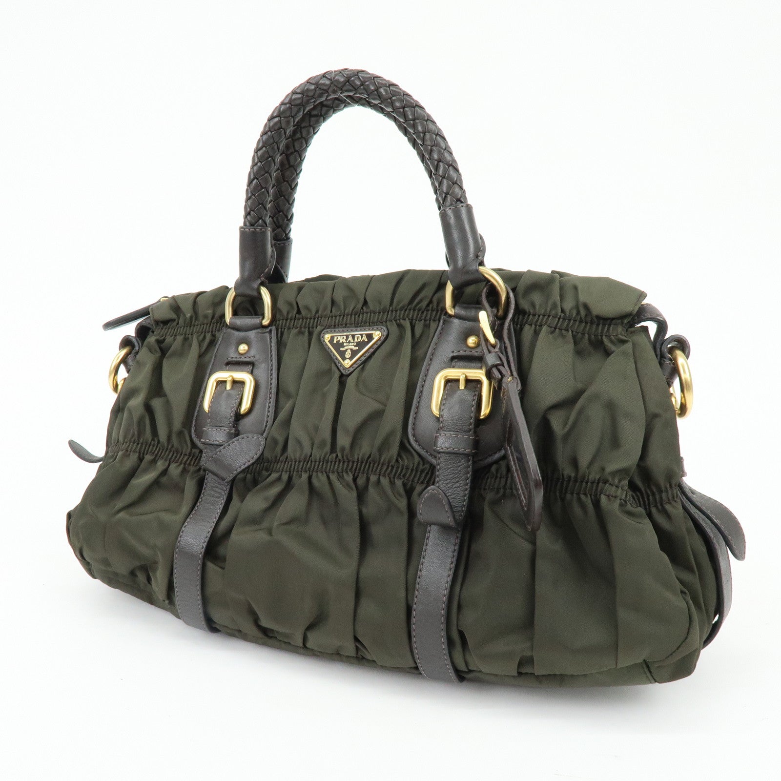 PRADA Triangle Logo Gathered Nylon Leather 2Way Bag Hand Bag BN1407
