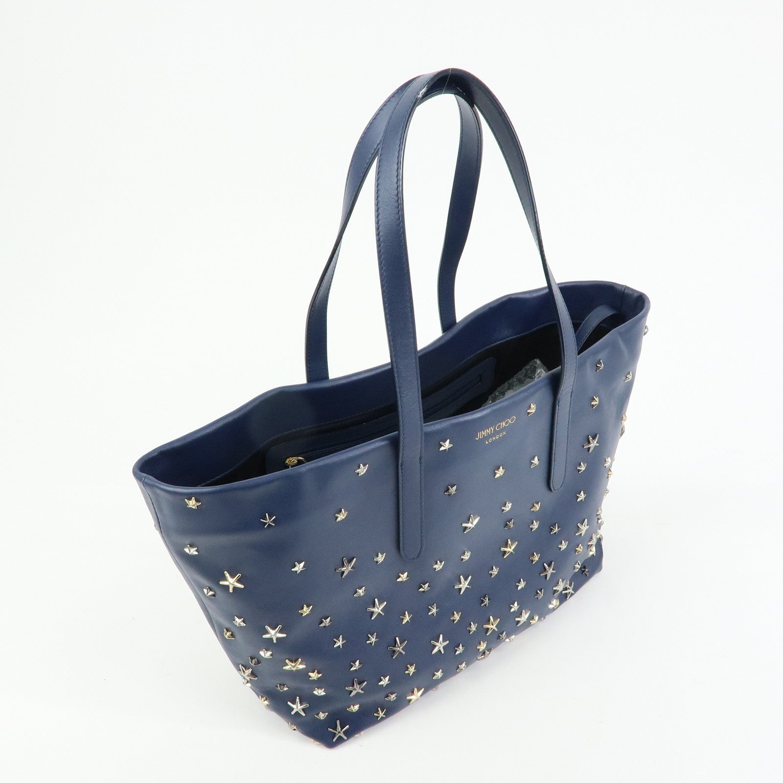 JIMMY CHOO Leather Star Studs Tote Bag Shoulder Bag Hand Bag Blue