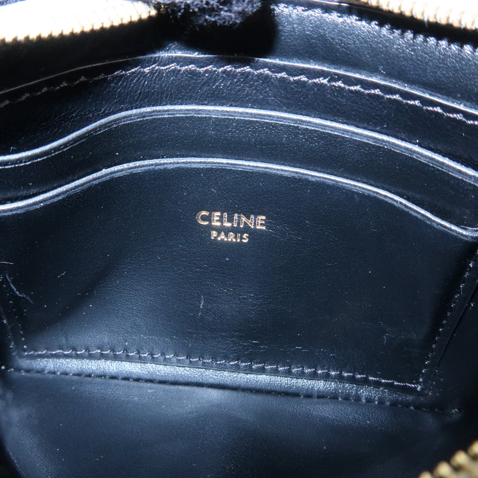 CELINE Leather C Charm Coin Case Coin Purse Metallic Silver