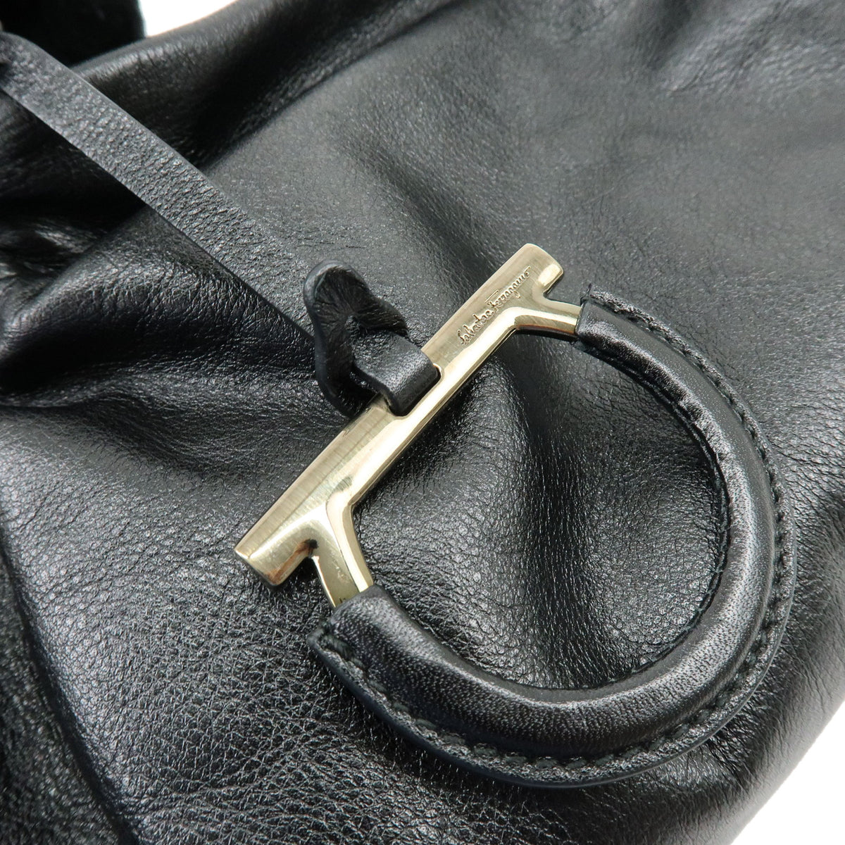Ferragamo Gancini Leather 2Way Bag Hand Bag Shoulder Bag Black