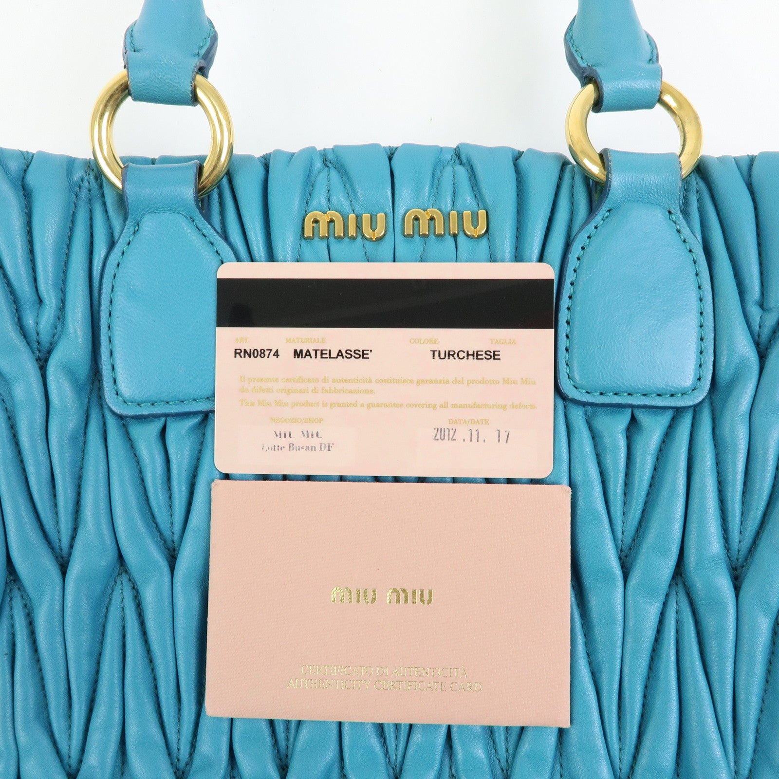 MIU MIU Matelasse Nappa Leather 2Way Bag Hand Shoulder Bag Blue RN0874