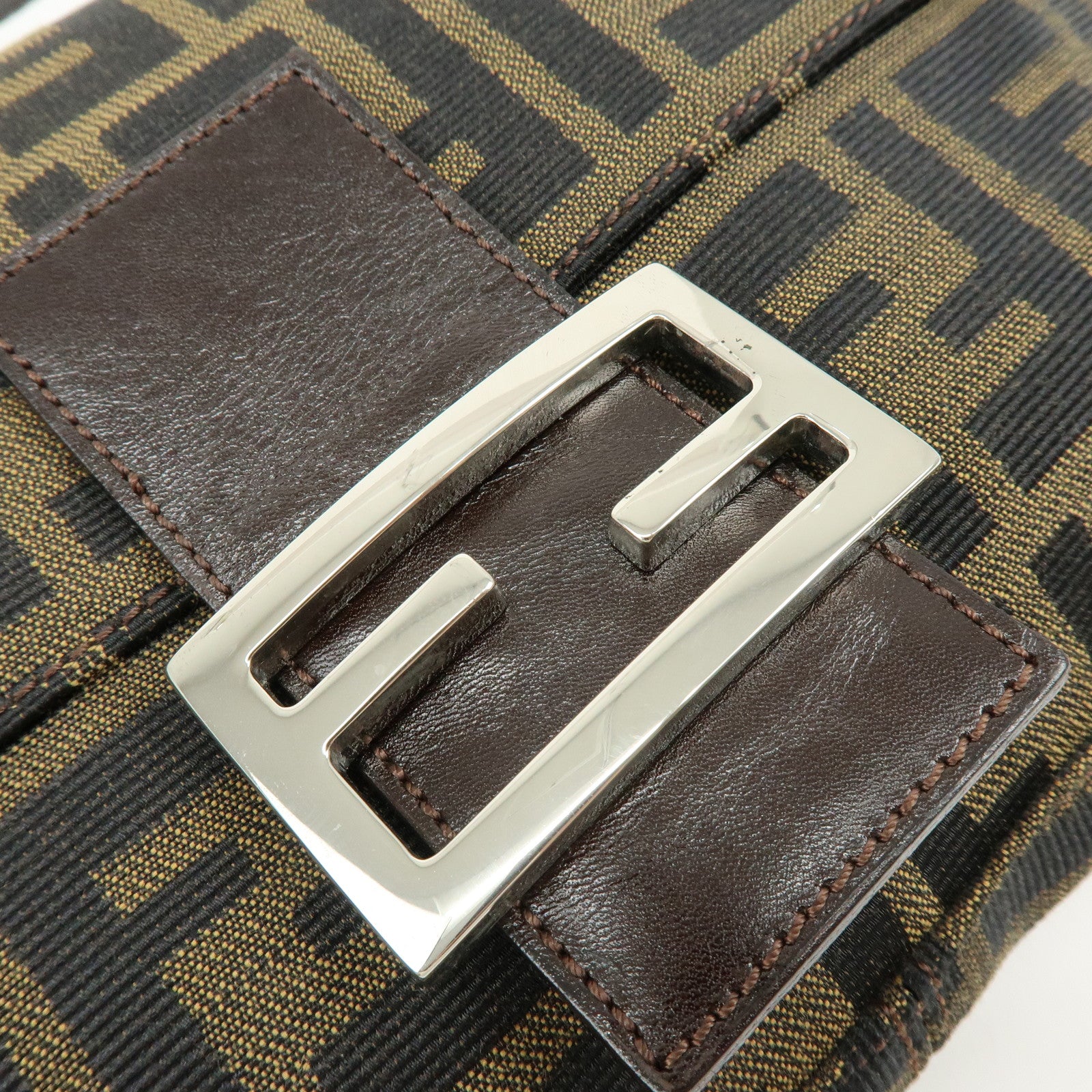 FENDI Mamma Baguette Canvas Leather Shoulder Bag Hand Bag Brown 26424