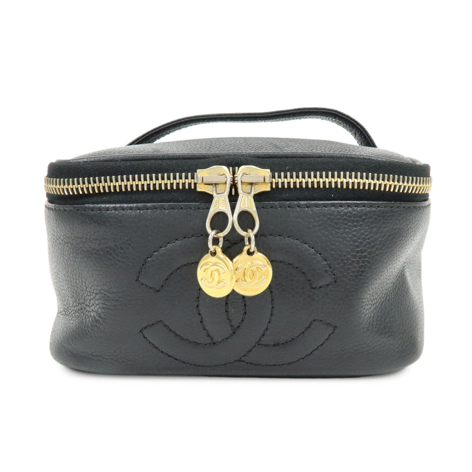 CHANEL COCO Mark Caviarskin Cosmetic Pouch Makeup Case Black