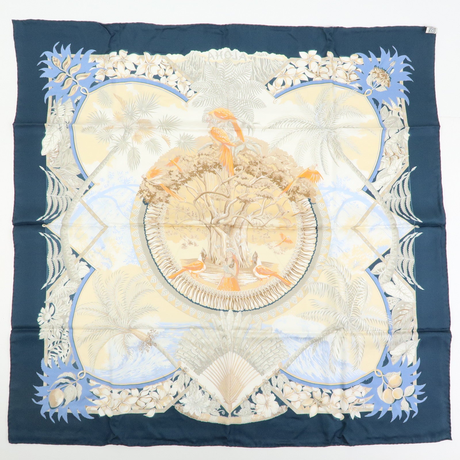 HERMES Carre 90 Silk 100% Scarf ALOHA Navy Light Brown