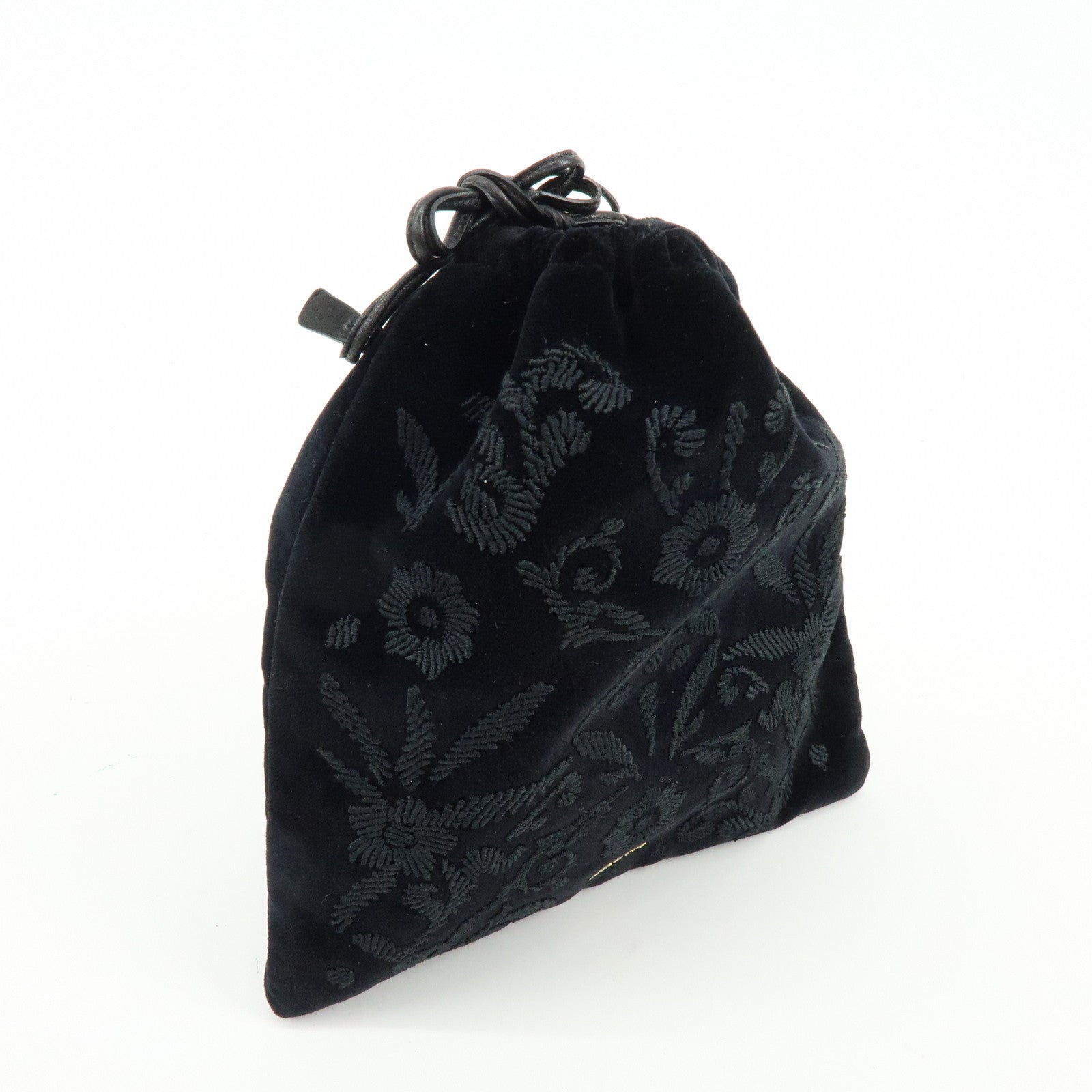 PRADA Logo Velvet Leather Drawstring Pouch Embroidery Black 1MU001