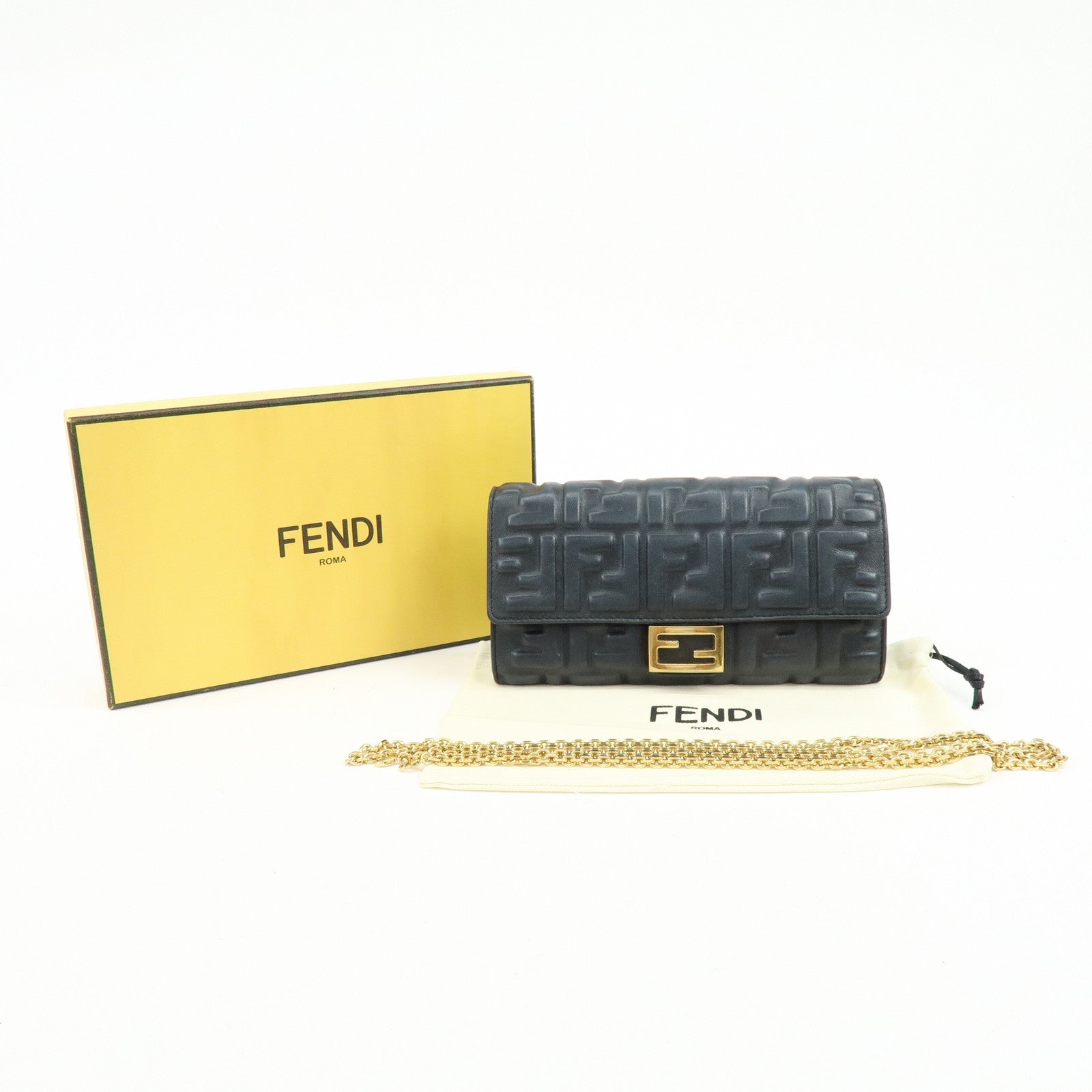 FENDI  Baguette Zucca Embossed Leather Chain Long Wallet Black 8M0365