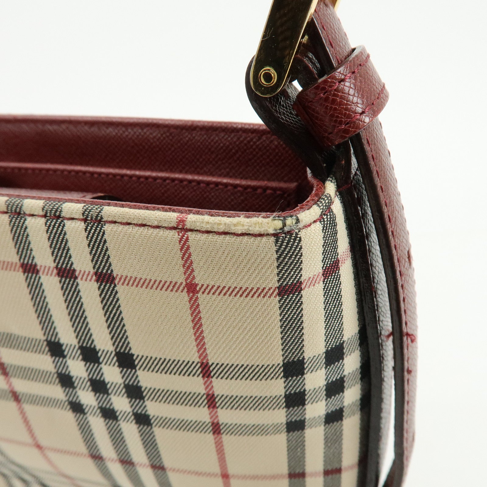 BURBERRY Nova Plaid Canvas Leather Shoulder Bag Hand Bag Beige Bordeaux