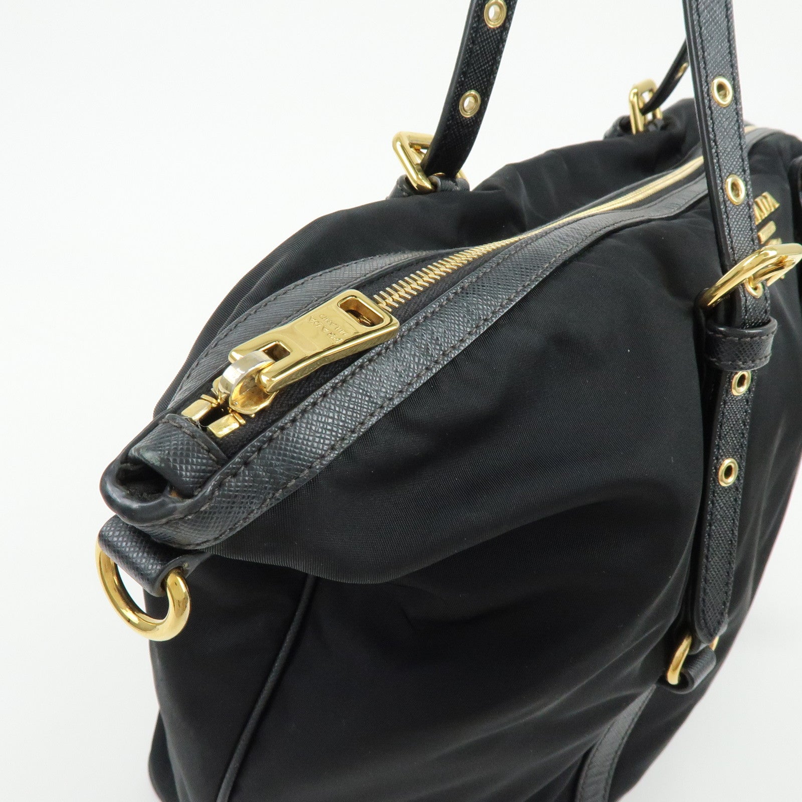 PRADA Logo Nylon Saffiano Leather Shoulder Bag Black 1BG253