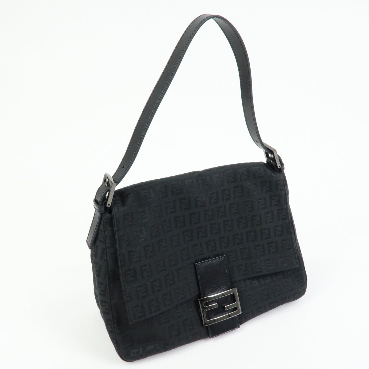 FENDI Mamma Baguette Zucchino Canvas Leather Shoulder Bag Black 8BR001