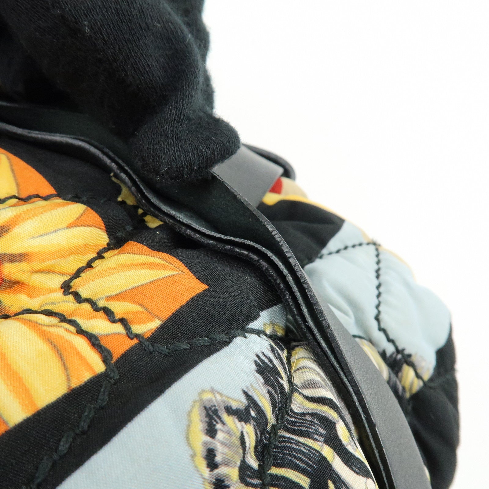 Ferragamo Nylon Quilting Leather Hand Bag Animalier Black Multicolor
