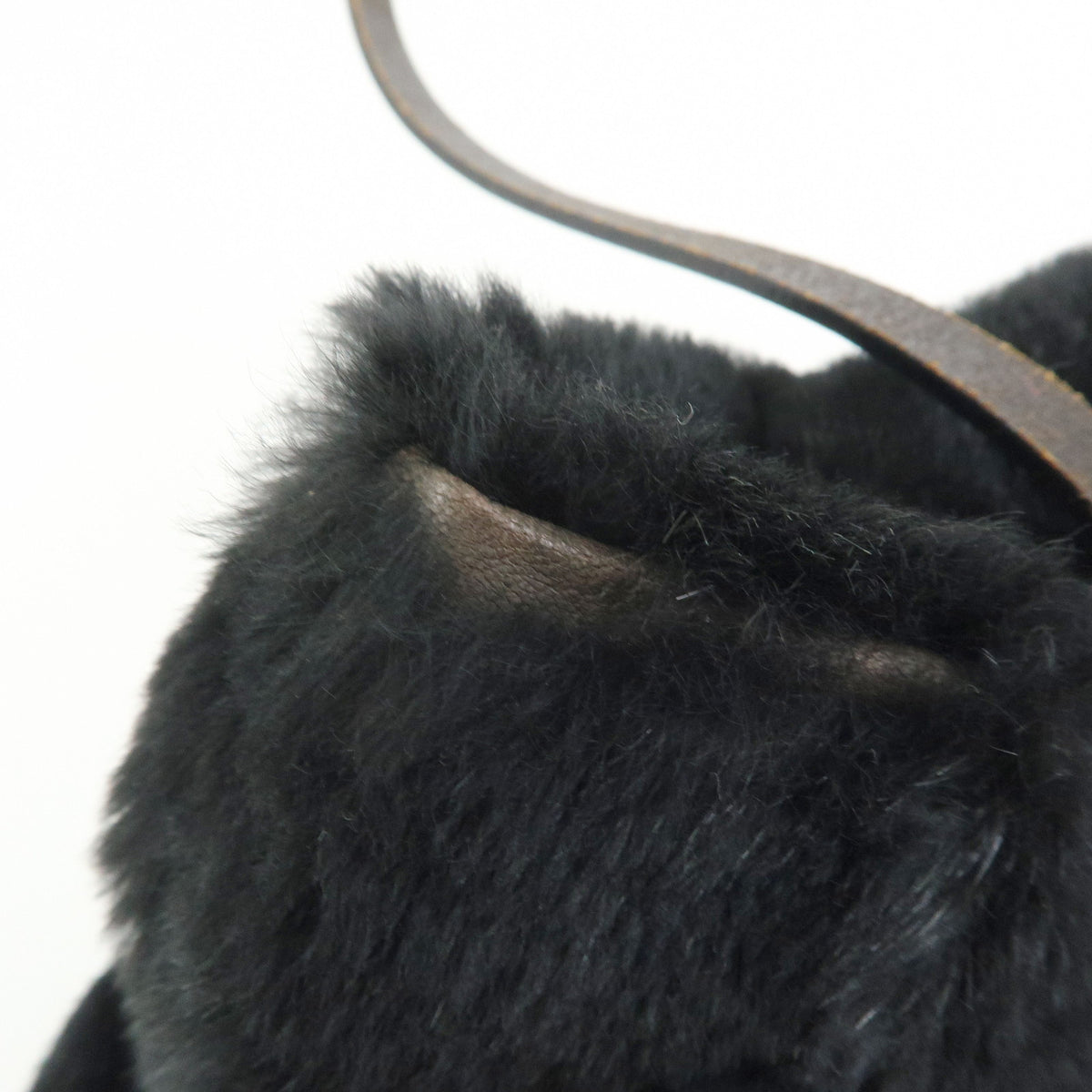 FENDI FF Logo Lapin Rabbit Fur Leather Shoulder Tote Bag Black 16001