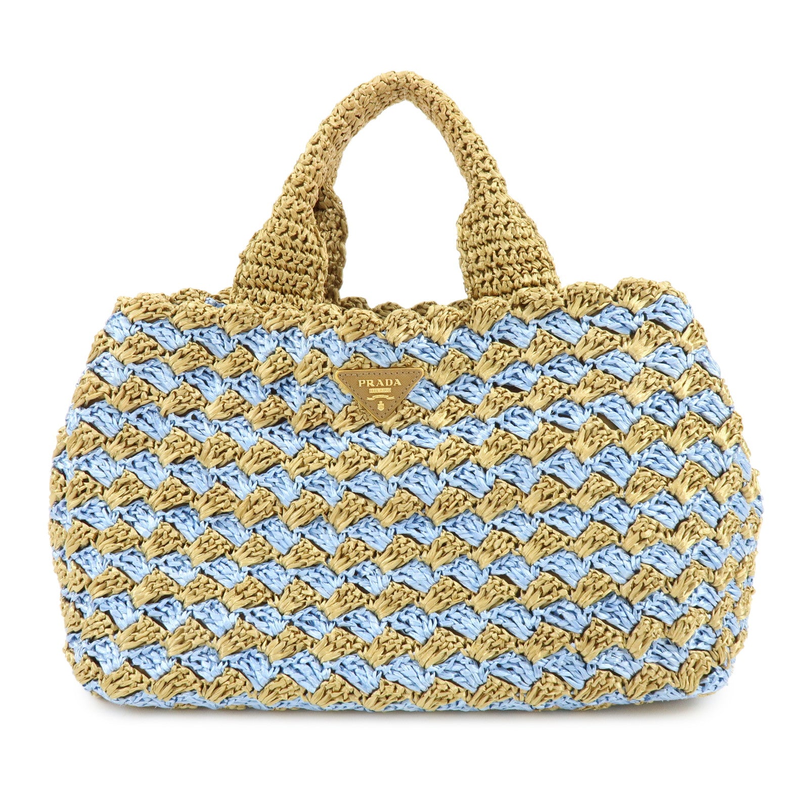 PRADA Traingle Logo Canapa Raffia Tote Bag Hand Bag Natural Blue