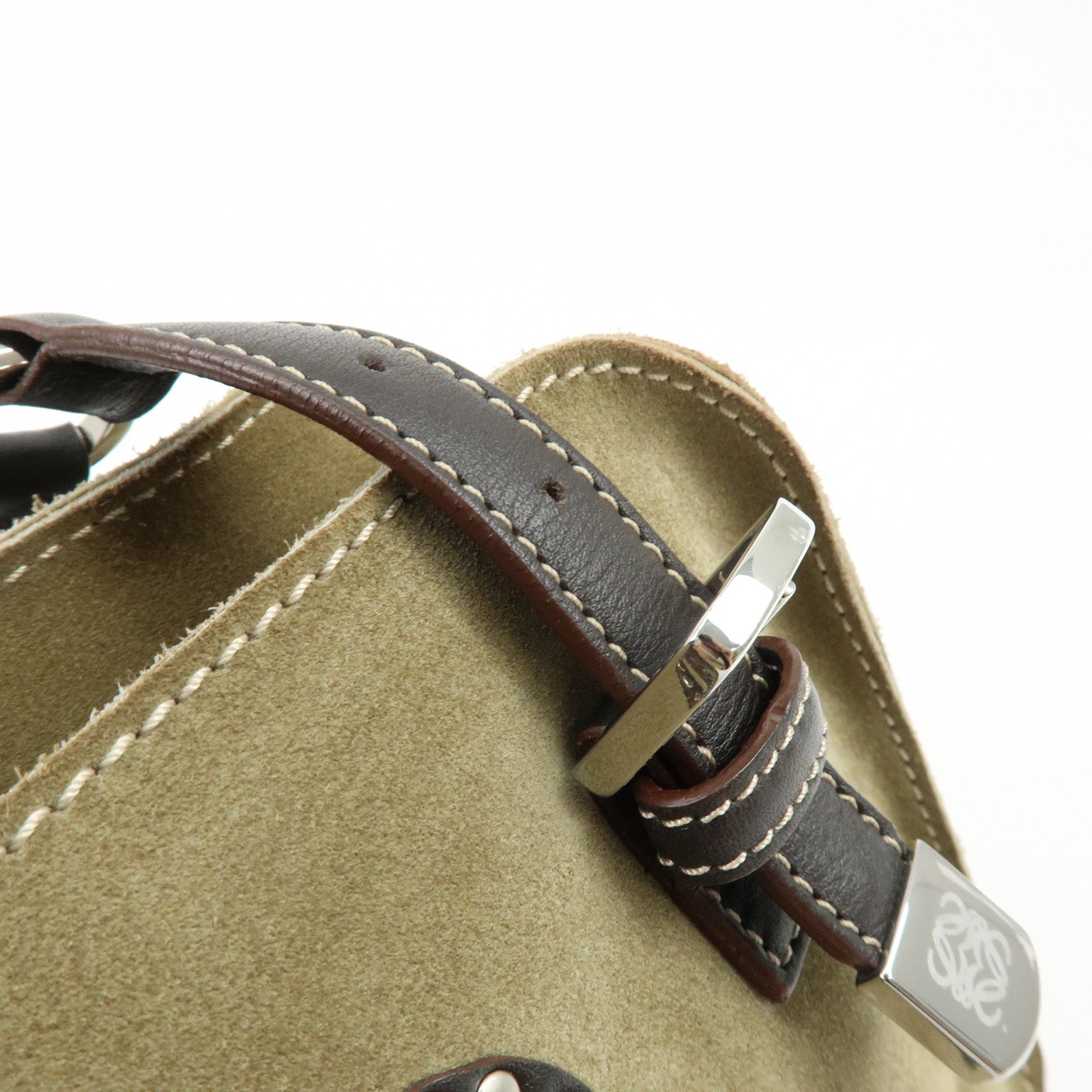 LOEWE Anagram Suede Leather Hand Bag Tote Bag Studs Khaki Brown