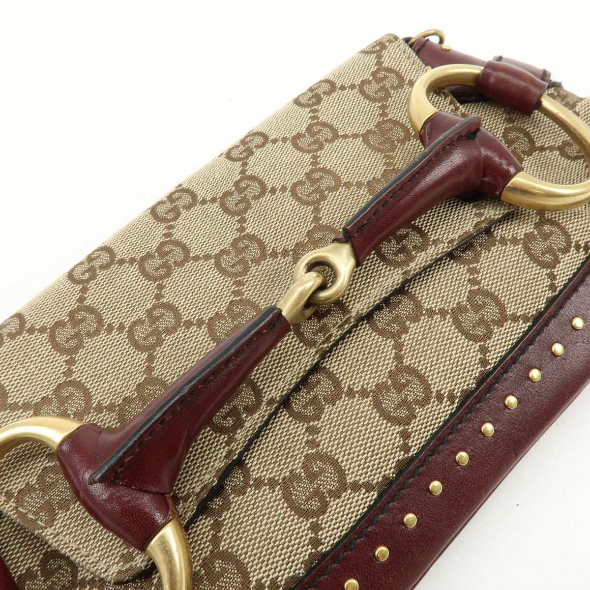 GUCCI Horsebit GG Canvas Leather Chain Hand Bag Brown Bordeaux 119186