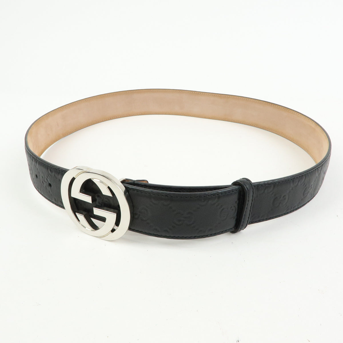 GUCCI Interlocking G Guccissima Leather Belt Black Silver 114984
